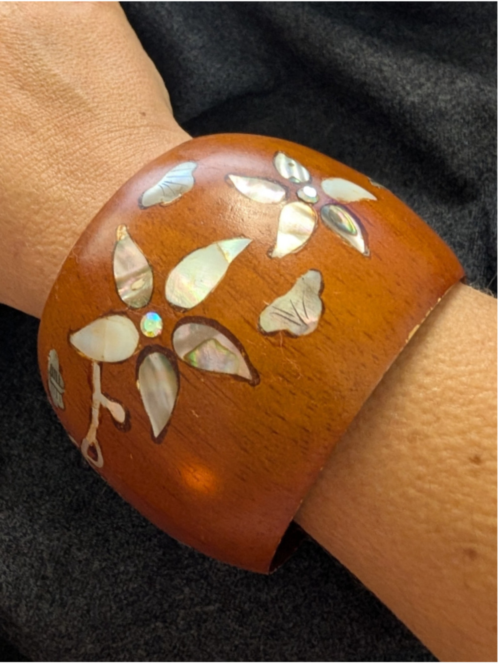 Wide Wood Bangle Bracelet MOP Abalone Inlay Floral Rhinestone Boho 2.25”